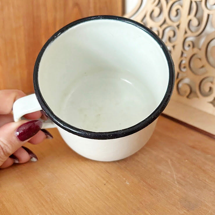 Vintage Enamel Mug 1970s–1980s White Soviet Era Cup with Bottom Mark Rustic Kitchenware