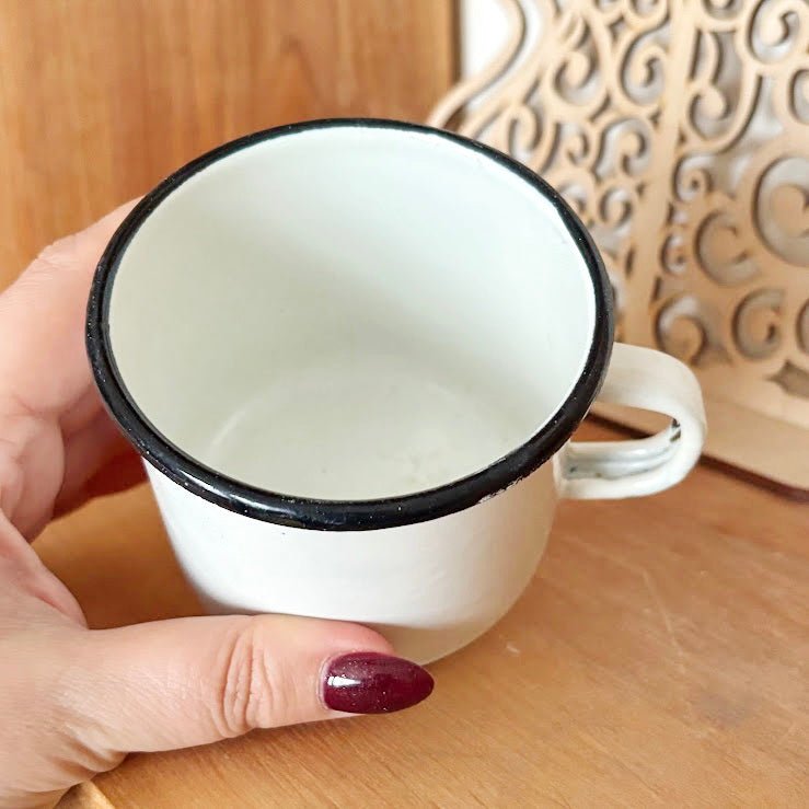 Vintage Enamel Mug 1970s–1980s White Soviet Era Cup with Bottom Mark Rustic Kitchenware