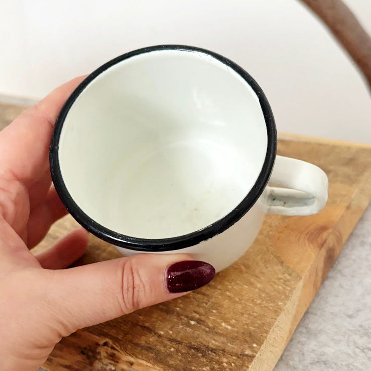 Vintage Enamel Mug 1970s–1980s White Soviet Era Cup with Bottom Mark Rustic Kitchenware
