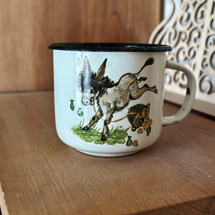 Vintage Enamel Children’s Mug with Donkey Illustration, USSR 1970s–1980s, Small Kids Cup with Original Mark