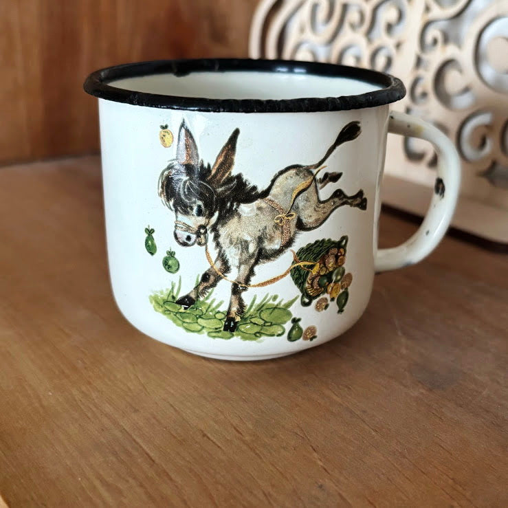 Vintage Enamel Children’s Mug with Donkey Illustration, USSR 1970s–1980s, Small Kids Cup with Original Mark
