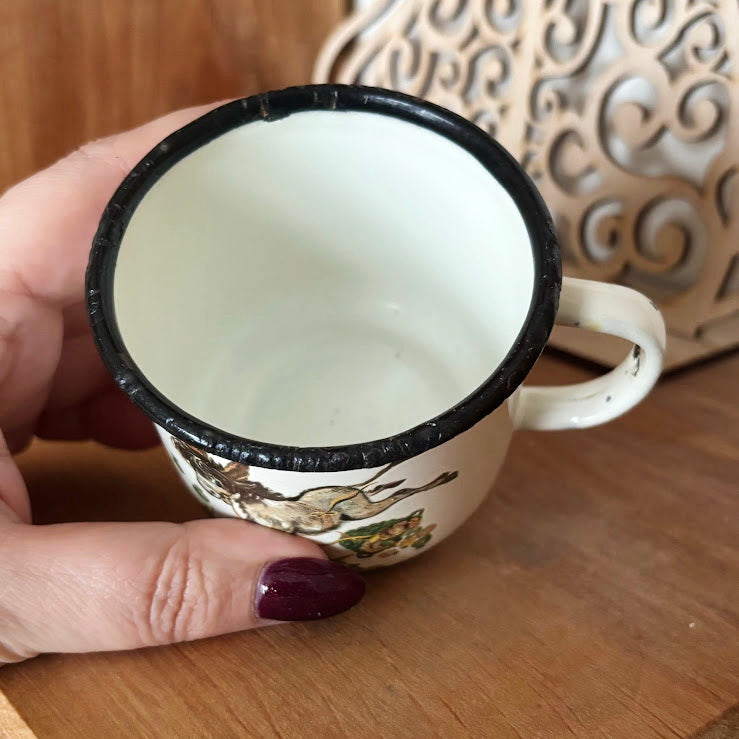 Vintage Enamel Children’s Mug with Donkey Illustration, USSR 1970s–1980s, Small Kids Cup with Original Mark