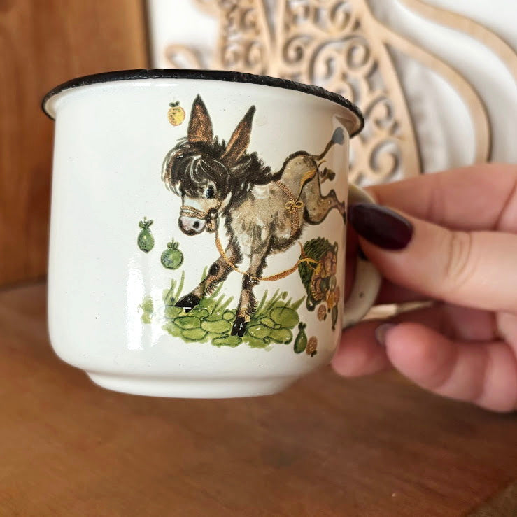 Vintage Enamel Children’s Mug with Donkey Illustration, USSR 1970s–1980s, Small Kids Cup with Original Mark