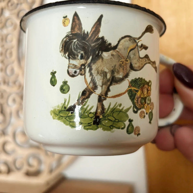 Vintage Enamel Children’s Mug with Donkey Illustration, USSR 1970s–1980s, Small Kids Cup with Original Mark