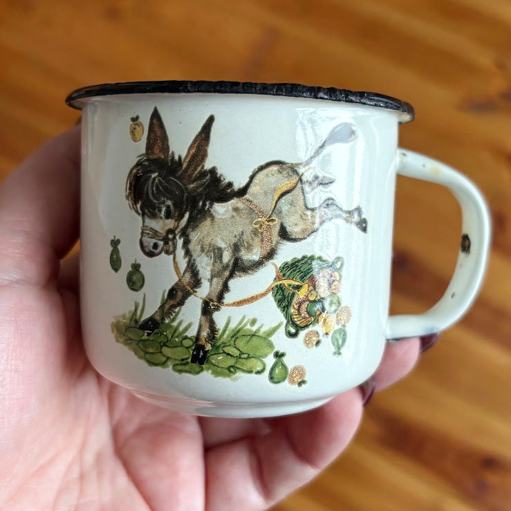 Vintage Enamel Children’s Mug with Donkey Illustration, USSR 1970s–1980s, Small Kids Cup with Original Mark
