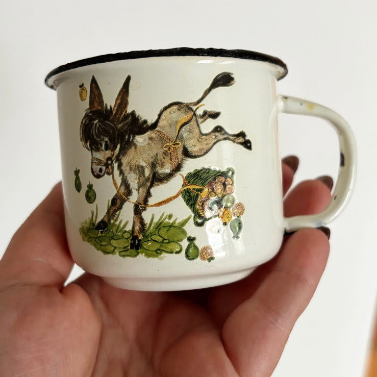 Vintage Enamel Children’s Mug with Donkey Illustration, USSR 1970s–1980s, Small Kids Cup with Original Mark
