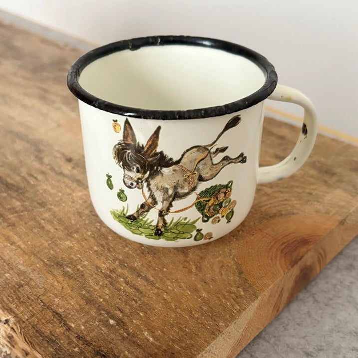 Vintage Enamel Children’s Mug with Donkey Illustration, USSR 1970s–1980s, Small Kids Cup with Original Mark