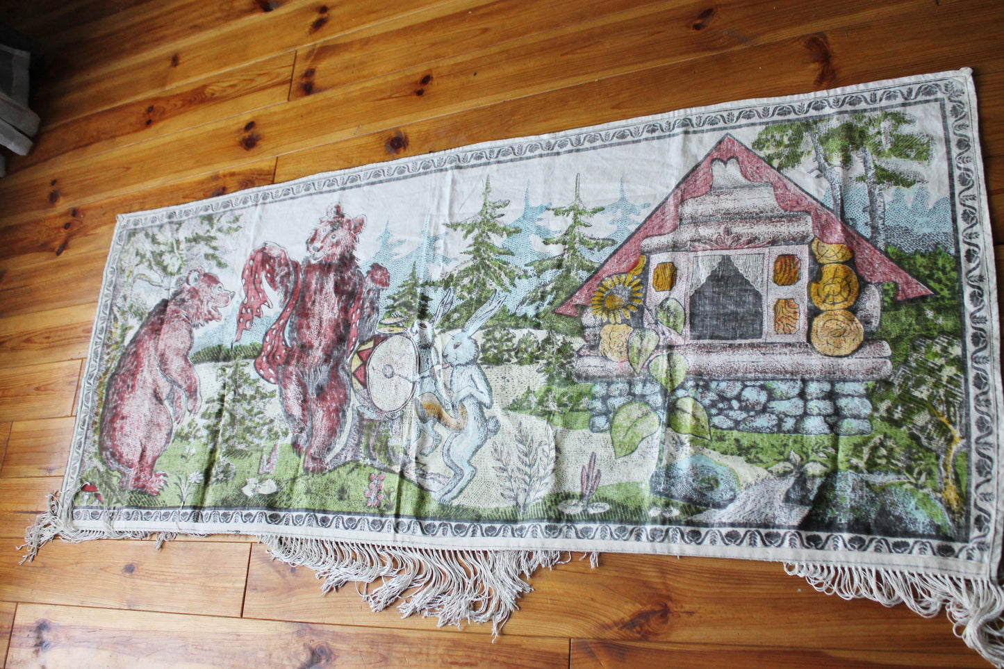 Vintage USSR big cotton tapestry "Fairy tail about bears and hares" - 65 inches - Wall Hanging Rug