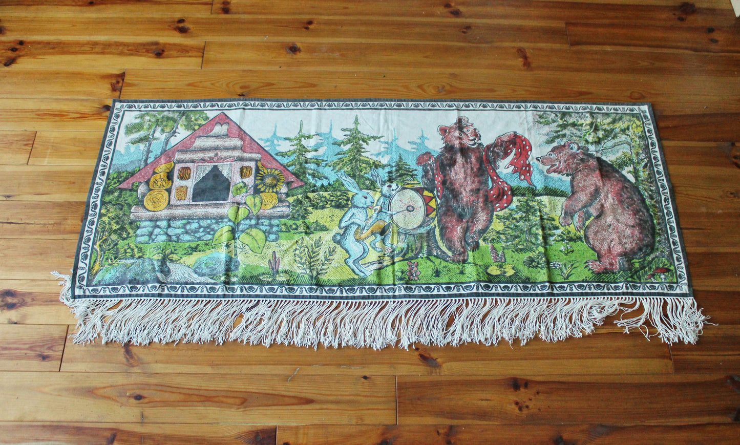 Vintage USSR big cotton tapestry "Fairy tail about bears and hares" - 65 inches - Wall Hanging Rug