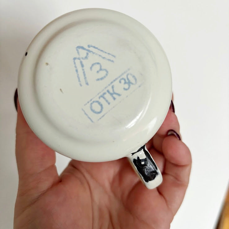 Vintage Enamel Children’s Mug with Donkey Illustration, USSR 1970s–1980s, Small Kids Cup with Original Mark