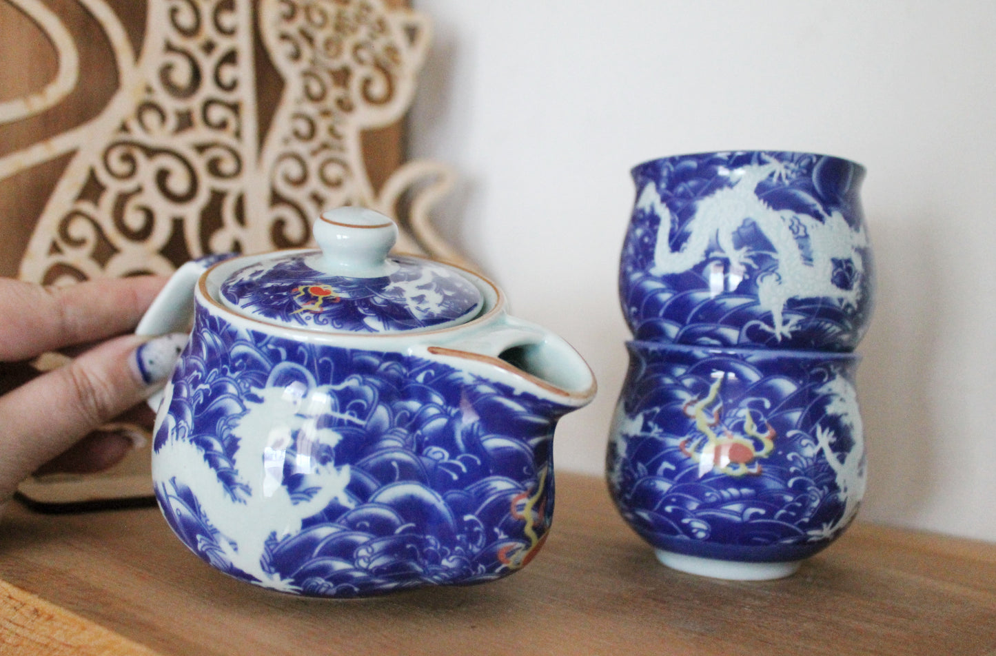 Porcelain beautiful China Set of Tea Pot and two tea glassess - Vintage porcelain - 1980-1990s