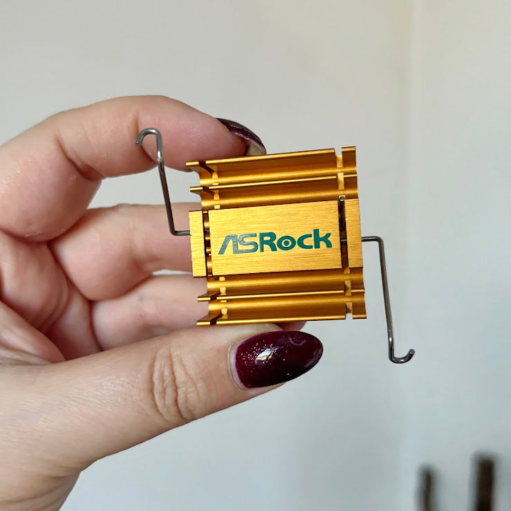 Vintage ASRock Aluminum Chipset Heatsink With Mounting Clips, Gold PC Cooling Radiator, Tech Parts For Art Projects