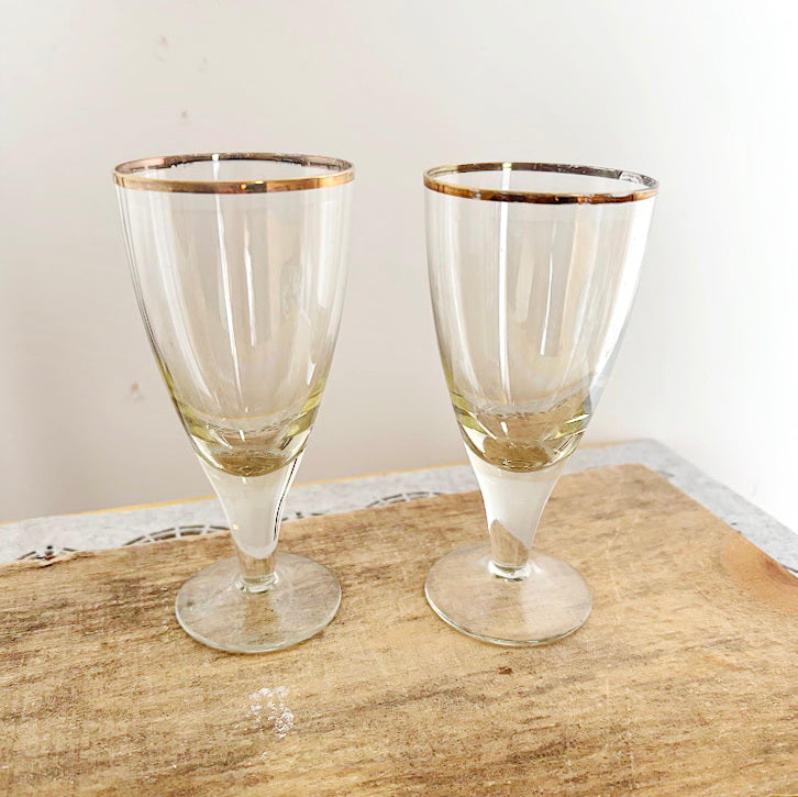 Vintage Soviet Era Glass Goblets Set of 2 | Elegant Thin Glass Stemware with Gold Rim | Mid Century Barware
