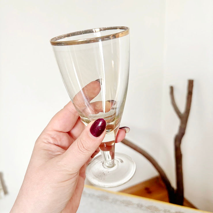 Vintage Soviet Era Glass Goblets Set of 2 | Elegant Thin Glass Stemware with Gold Rim | Mid Century Barware