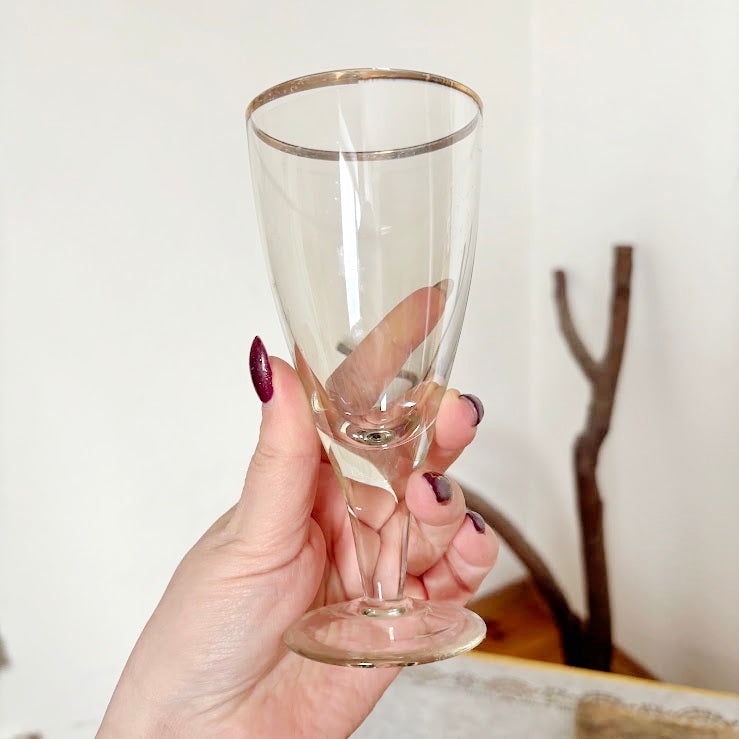 Vintage Soviet Era Glass Goblets Set of 2 | Elegant Thin Glass Stemware with Gold Rim | Mid Century Barware