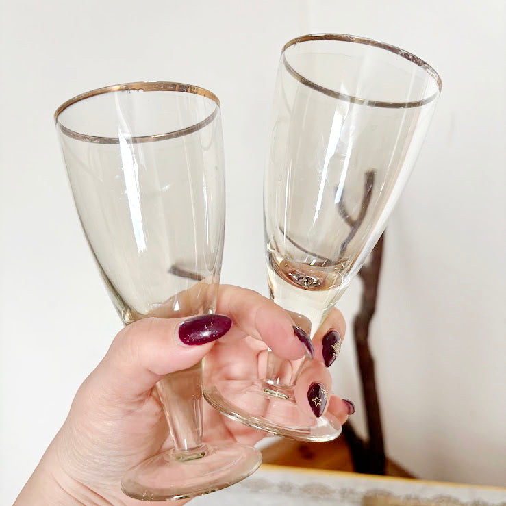 Vintage Soviet Era Glass Goblets Set of 2 | Elegant Thin Glass Stemware with Gold Rim | Mid Century Barware