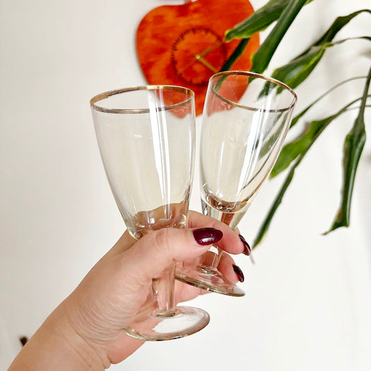 Vintage Soviet Era Glass Goblets Set of 2 | Elegant Thin Glass Stemware with Gold Rim | Mid Century Barware