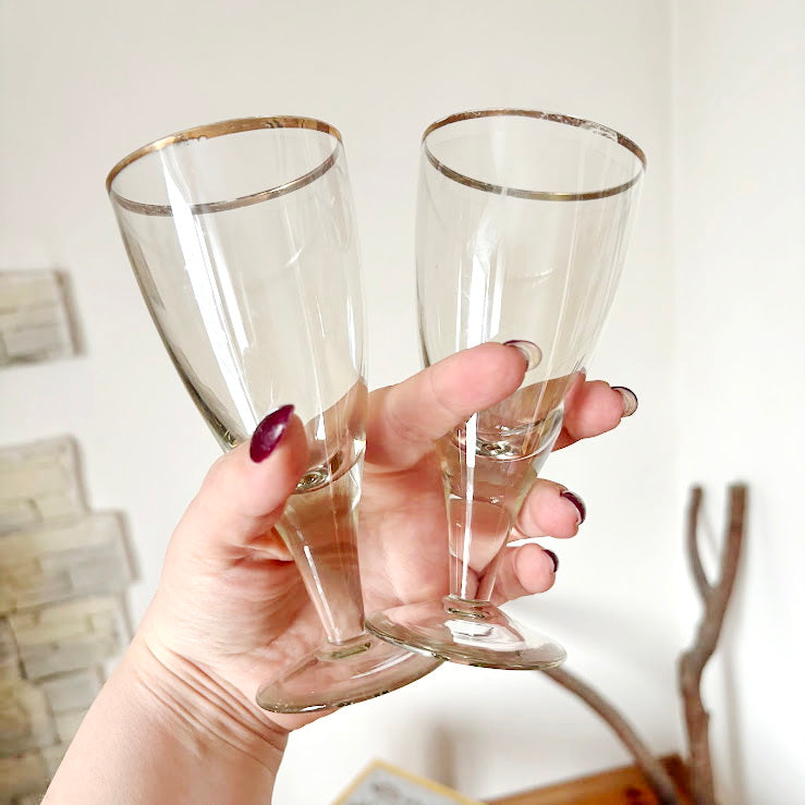 Vintage Soviet Era Glass Goblets Set of 2 | Elegant Thin Glass Stemware with Gold Rim | Mid Century Barware