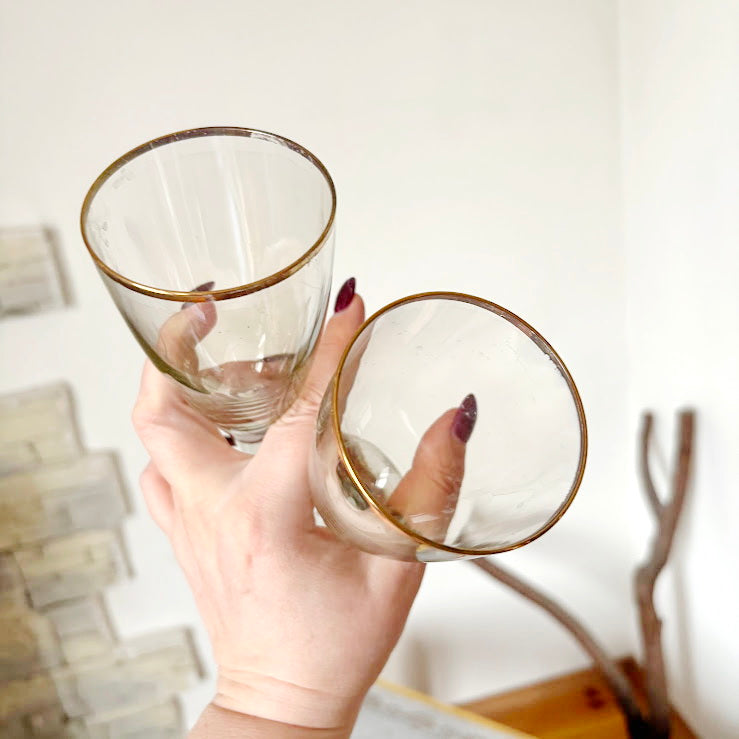 Vintage Soviet Era Glass Goblets Set of 2 | Elegant Thin Glass Stemware with Gold Rim | Mid Century Barware