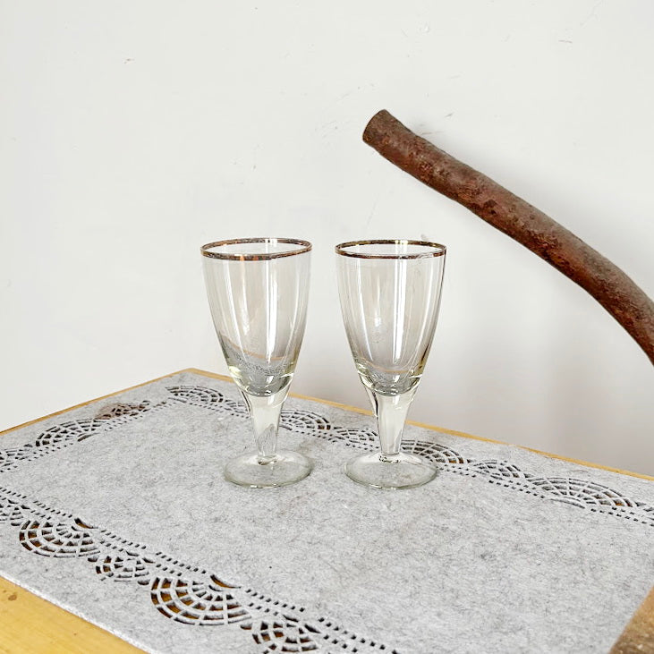 Vintage Soviet Era Glass Goblets Set of 2 | Elegant Thin Glass Stemware with Gold Rim | Mid Century Barware