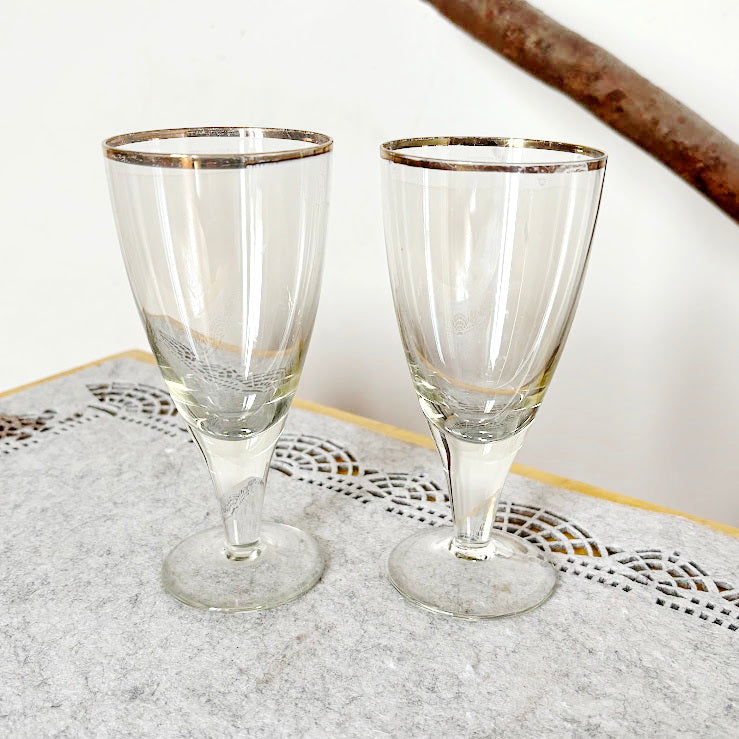 Vintage Soviet Era Glass Goblets Set of 2 | Elegant Thin Glass Stemware with Gold Rim | Mid Century Barware