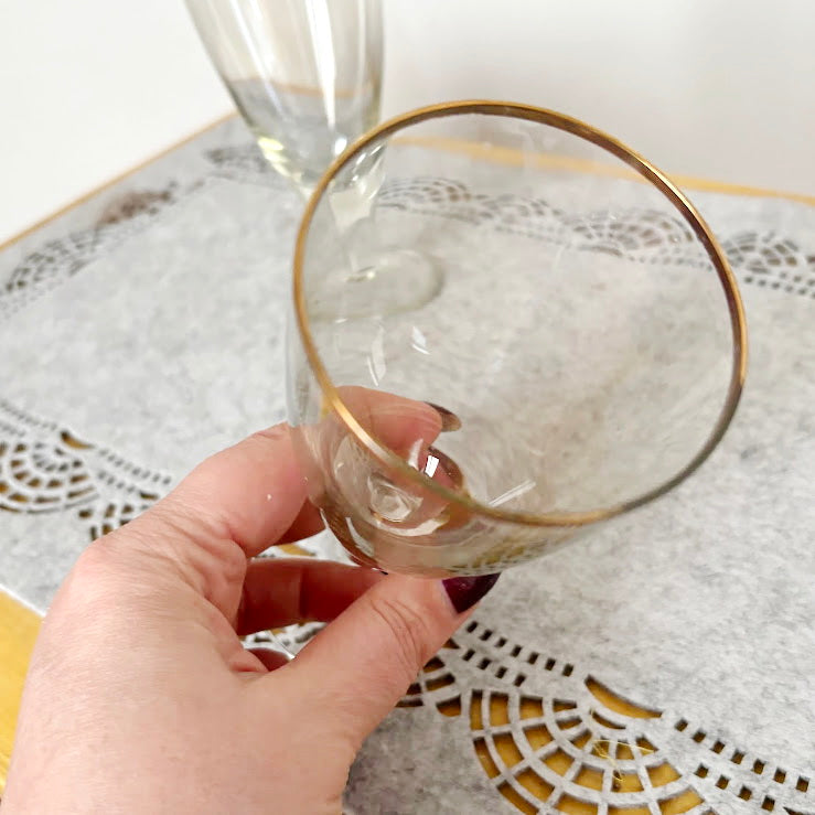 Vintage Soviet Era Glass Goblets Set of 2 | Elegant Thin Glass Stemware with Gold Rim | Mid Century Barware