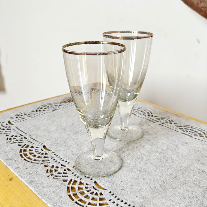 Vintage Soviet Era Glass Goblets Set of 2 | Elegant Thin Glass Stemware with Gold Rim | Mid Century Barware