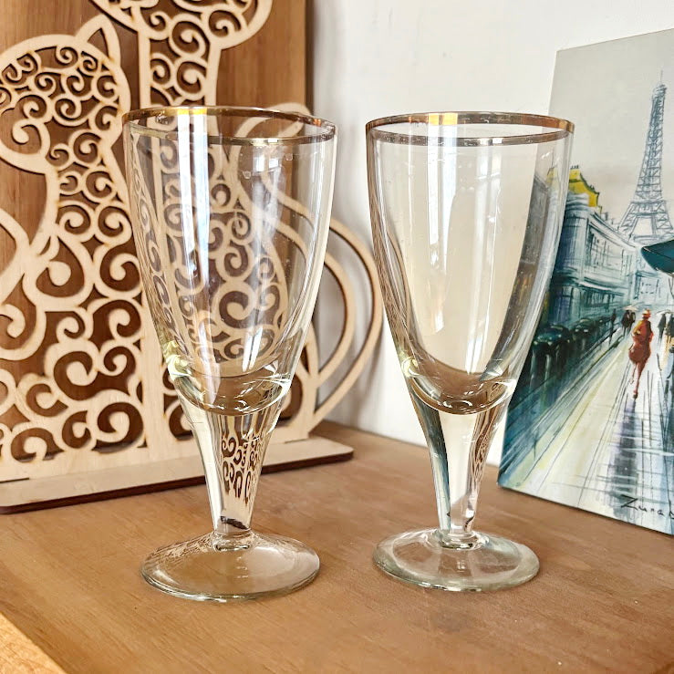 Vintage Soviet Era Glass Goblets Set of 2 | Elegant Thin Glass Stemware with Gold Rim | Mid Century Barware