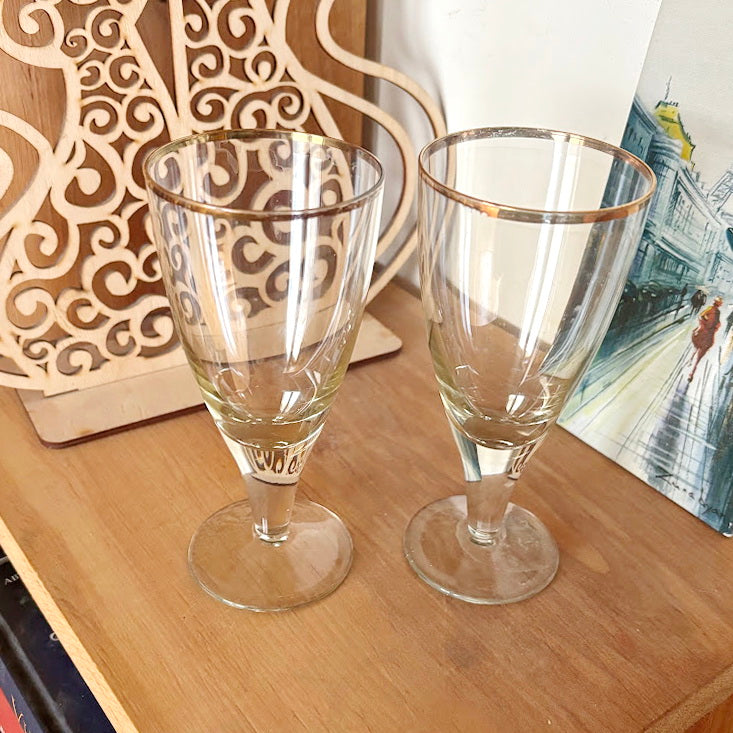 Vintage Soviet Era Glass Goblets Set of 2 | Elegant Thin Glass Stemware with Gold Rim | Mid Century Barware