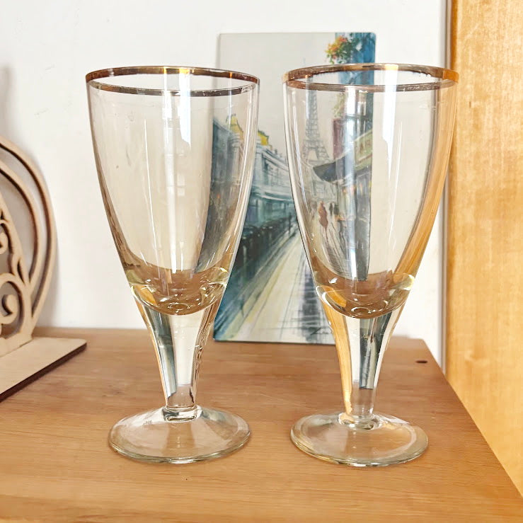 Vintage Soviet Era Glass Goblets Set of 2 | Elegant Thin Glass Stemware with Gold Rim | Mid Century Barware