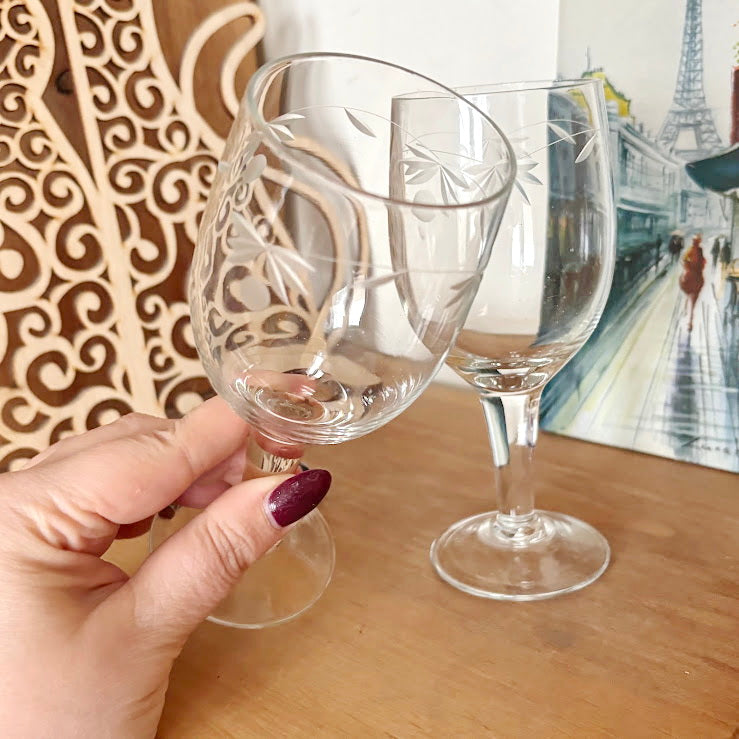 Vintage Etched Wine Glasses Pair, Thin Clear Glass Stemware With Floral Pattern, Elegant Soviet Era Barware Set, 150 ml Goblets