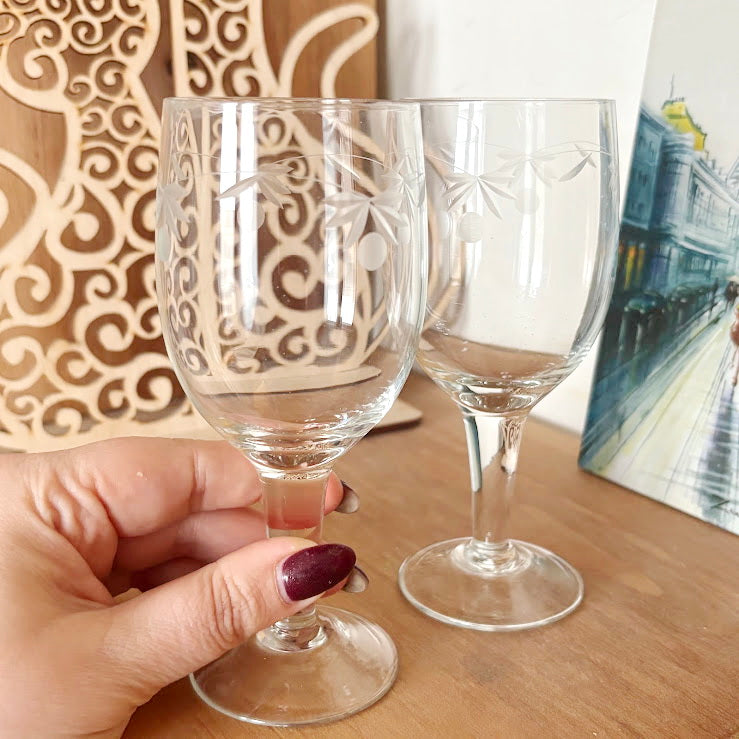 Vintage Etched Wine Glasses Pair, Thin Clear Glass Stemware With Floral Pattern, Elegant Soviet Era Barware Set, 150 ml Goblets