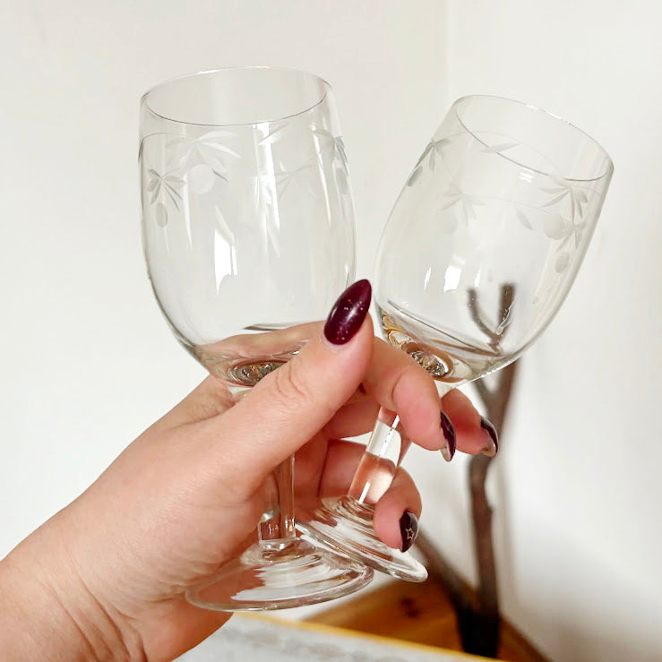 Vintage Etched Wine Glasses Pair, Thin Clear Glass Stemware With Floral Pattern, Elegant Soviet Era Barware Set, 150 ml Goblets