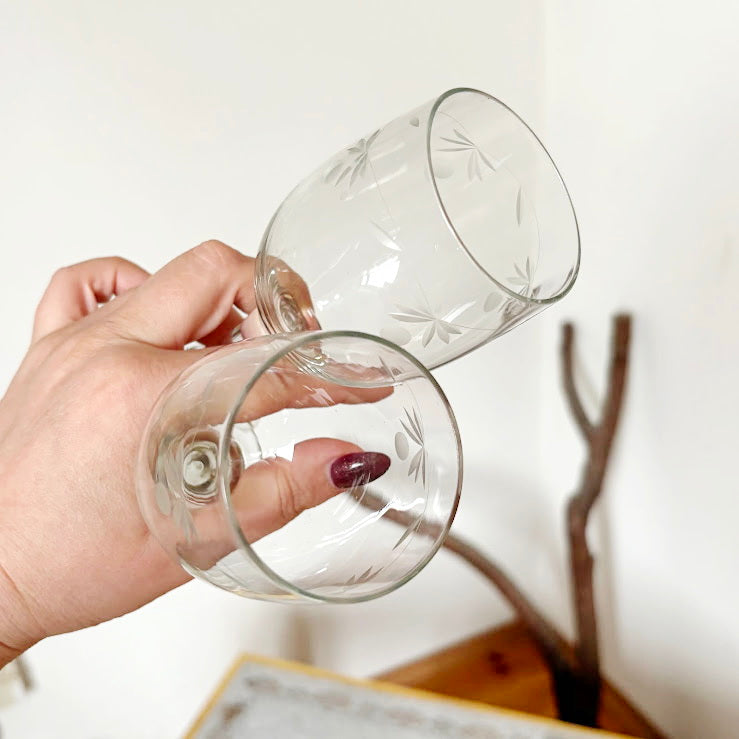 Vintage Etched Wine Glasses Pair, Thin Clear Glass Stemware With Floral Pattern, Elegant Soviet Era Barware Set, 150 ml Goblets