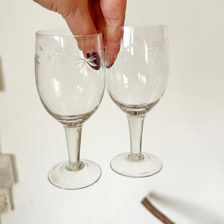 Vintage Etched Wine Glasses Pair, Thin Clear Glass Stemware With Floral Pattern, Elegant Soviet Era Barware Set, 150 ml Goblets
