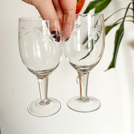 Vintage Etched Wine Glasses Pair, Thin Clear Glass Stemware With Floral Pattern, Elegant Soviet Era Barware Set, 150 ml Goblets