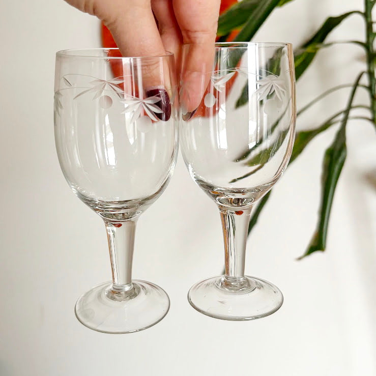 Vintage Etched Wine Glasses Pair, Thin Clear Glass Stemware With Floral Pattern, Elegant Soviet Era Barware Set, 150 ml Goblets
