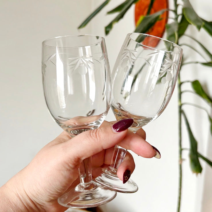 Vintage Etched Wine Glasses Pair, Thin Clear Glass Stemware With Floral Pattern, Elegant Soviet Era Barware Set, 150 ml Goblets