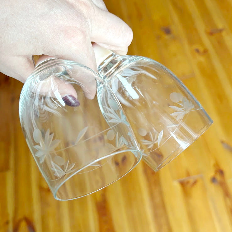 Vintage Etched Wine Glasses Pair, Thin Clear Glass Stemware With Floral Pattern, Elegant Soviet Era Barware Set, 150 ml Goblets