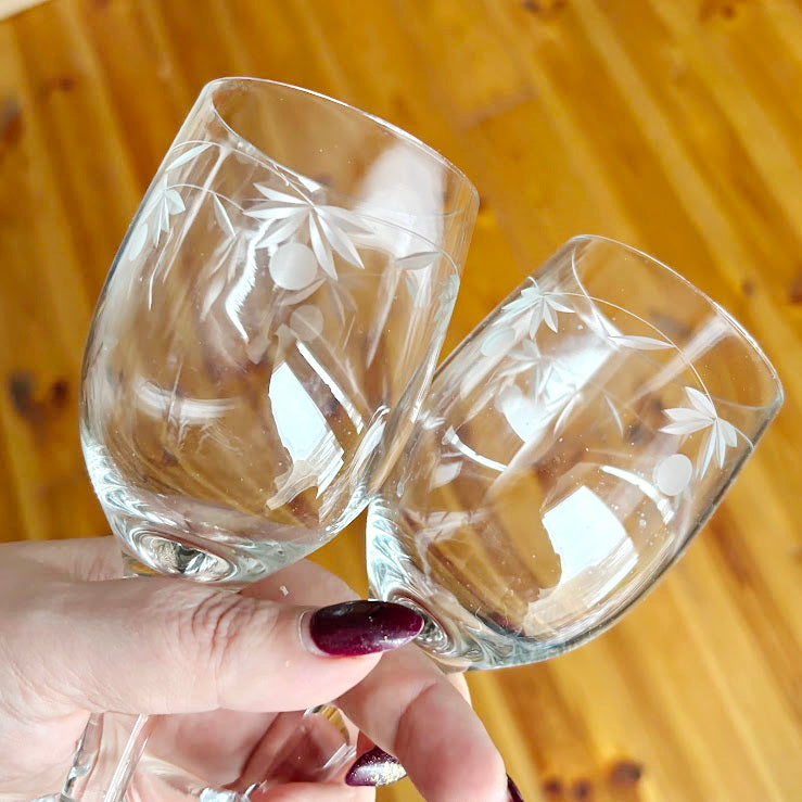 Vintage Etched Wine Glasses Pair, Thin Clear Glass Stemware With Floral Pattern, Elegant Soviet Era Barware Set, 150 ml Goblets