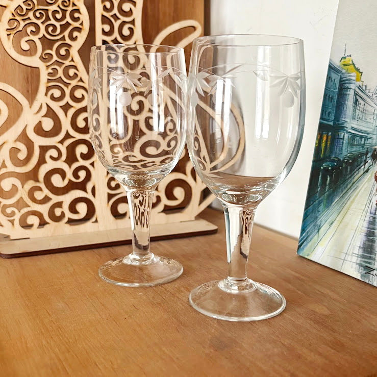 Vintage Etched Wine Glasses Pair, Thin Clear Glass Stemware With Floral Pattern, Elegant Soviet Era Barware Set, 150 ml Goblets