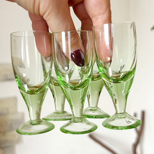Set of 5 Vintage Green Shot Glasses, Soviet Era Thin Glassware, Small Cordial Vodka Glasses 30–40 ml, Mid Century Barware