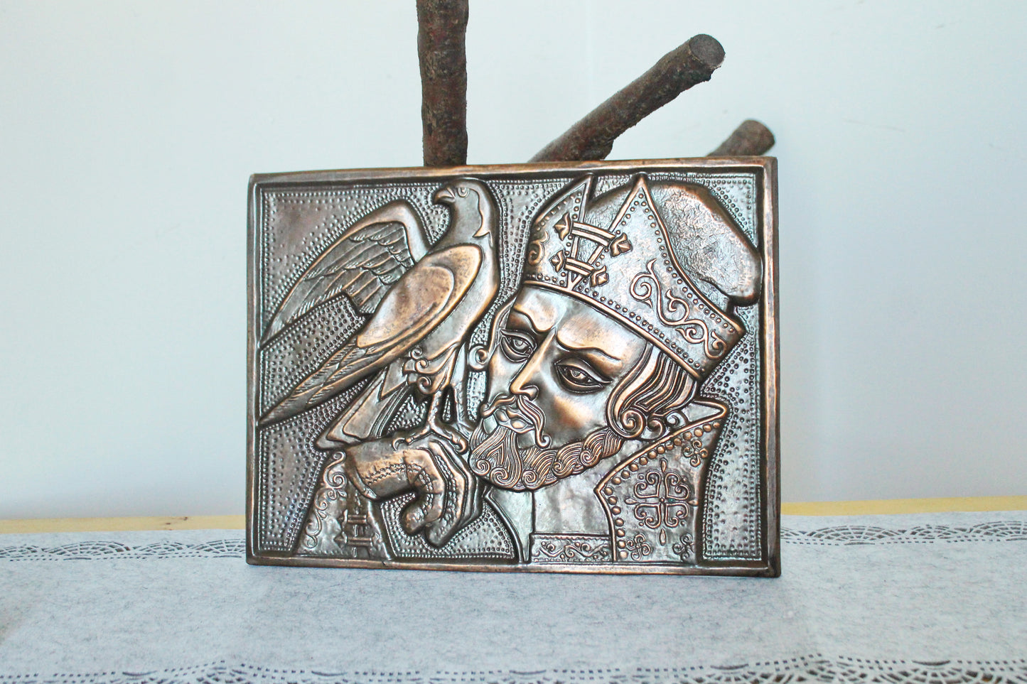 Wall stamping picture "The prince with the bird" - USSR chased wall plaque - brass wall art - rustic home decor metall picture