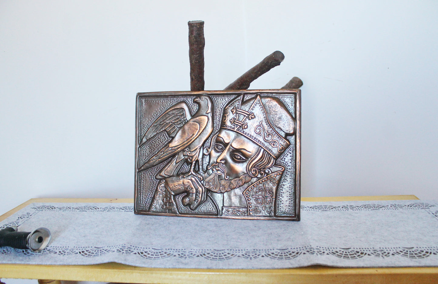 Wall stamping picture "The prince with the bird" - USSR chased wall plaque - brass wall art - rustic home decor metall picture