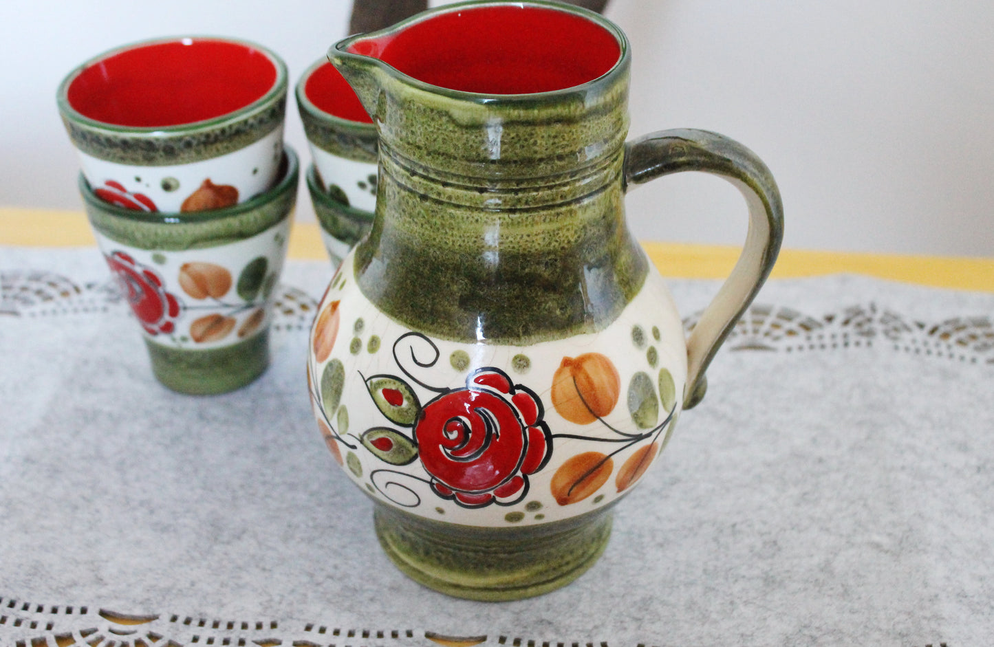 Big Pitcher and 4 glasses with flower ornament - Vintage Set - Germany porcelain - Schramberg Tirol vintage set