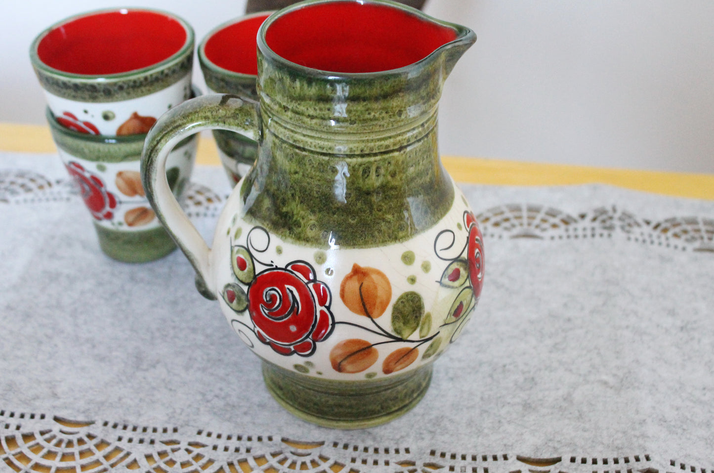 Big Pitcher and 4 glasses with flower ornament - Vintage Set - Germany porcelain - Schramberg Tirol vintage set