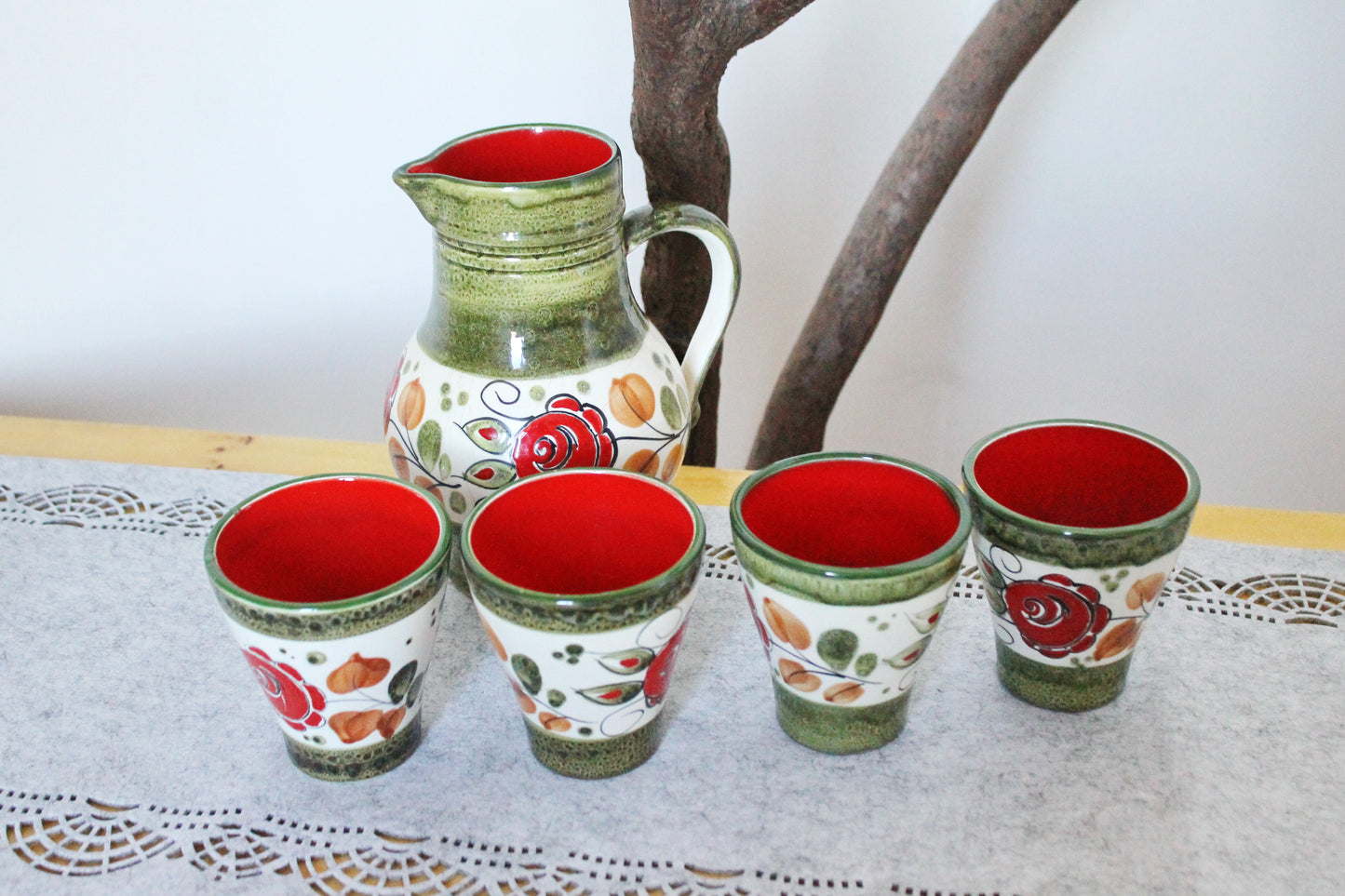 Big Pitcher and 4 glasses with flower ornament - Vintage Set - Germany porcelain - Schramberg Tirol vintage set