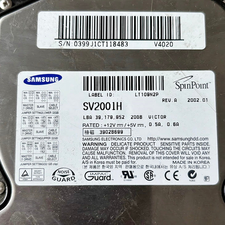 Vintage Samsung SV2001H 20GB IDE Hard Drive 2002 SpinPoint Internal HDD Retro PC Component Untested