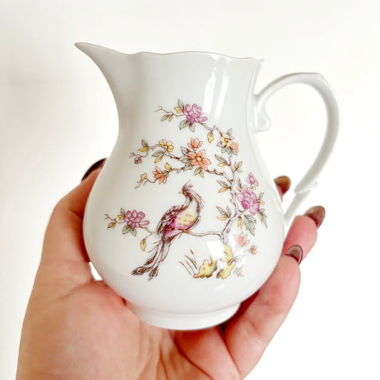 Vintage Kahla Bird Creamer - Pink Floral Porcelain Pitcher - Small Bud Vase - Made in Germany GDR - Gift for Bird Lovers