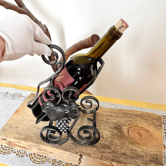 Vintage Metal Wine Bottle Holder Tilting Stand Black Iron Grape Design Heavy Rustic Bar Decor 1970-1990s